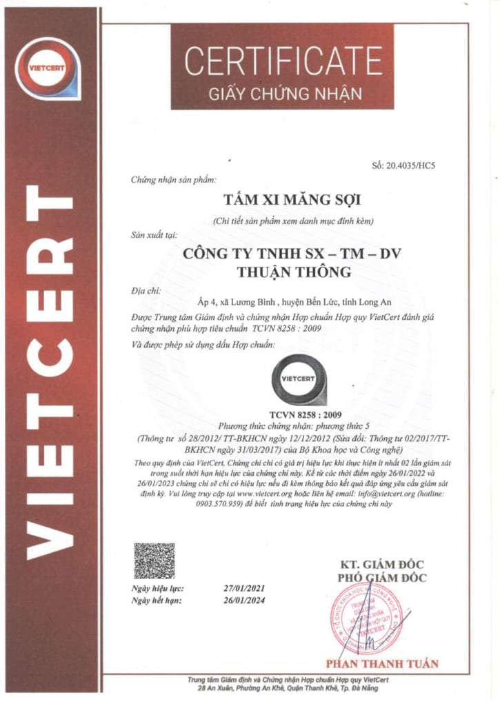Giấy chứng nhận tấm xi măng sợi TCVN 8258:2009